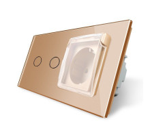 Сенсорный выключатель 2 сенсора Розетка влагозащищенная с крышкой золото стекло Livolo (VL-C702/C7C1EUWF-13)