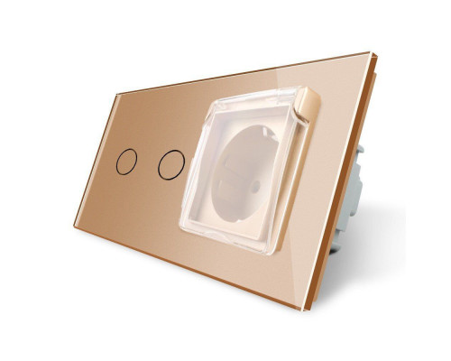 Сенсорный выключатель 2 сенсора Розетка влагозащищенная с крышкой золото стекло Livolo (VL-C702/C7C1EUWF-13)