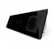 Сенсорный выключатель 3 сенсора (1-2) 1 розетка черный стекло Livolo (VL-C701/C702/C7C1EU-12)