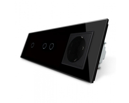 Сенсорный выключатель 3 сенсора (1-2) 1 розетка черный стекло Livolo (VL-C701/C702/C7C1EU-12)