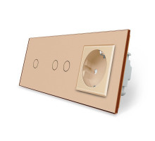 Сенсорный выключатель 3 сенсора (1-2) 1 розетка золото стекло Livolo (VL-C701/C702/C7C1EU-13)