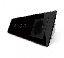 Сенсорный выключатель 4 сенсора (2-2) 1 розетка черный стекло Livolo (VL-C702/C702/C7C1EU-12)