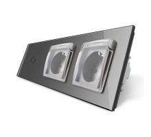 Сенсорный выключатель Розетка двойная влагозащищенная с крышкой серый стекло Livolo (VL-C701/C7C2EUWF-15)