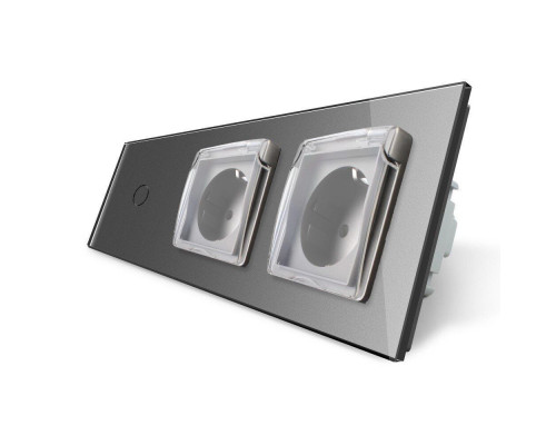 Сенсорный выключатель Розетка двойная влагозащищенная с крышкой серый стекло Livolo (VL-C701/C7C2EUWF-15)