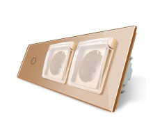 Сенсорный выключатель Розетка двойная влагозащищенная с крышкой золото стекло Livolo (VL-C701/C7C2EUWF-13)