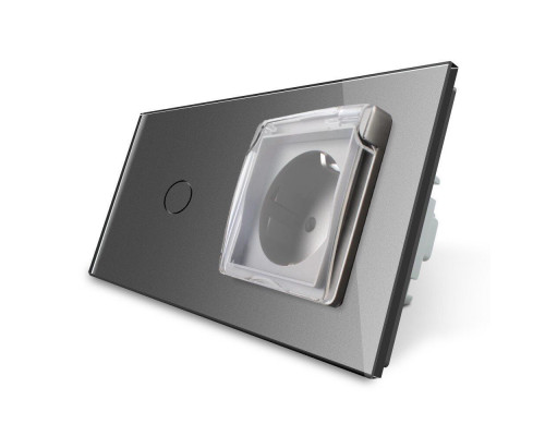 Сенсорный выключатель Розетка влагозащищенная с крышкой серый стекло Livolo (VL-C701/C7C1EUWF-15)