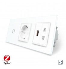 Умный сенсорный проходной выключатель 1 сенсор 1 розетка 1 USB 1 розетка универсальная белый стекло Livolo (VL-C701SZC1EU1USBC1A-11)