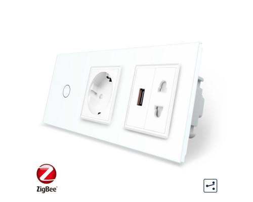Умный сенсорный проходной выключатель 1 сенсор 1 розетка 1 USB 1 розетка универсальная белый стекло Livolo (VL-C701SZC1EU1USBC1A-11)