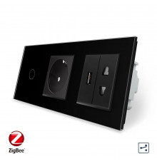 Умный сенсорный проходной выключатель 1 сенсор 1 розетка 1 USB 1 розетка универсальная черный стекло Livolo (VL-C701SZC1EU1USBC1A-12)