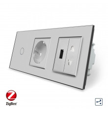 Умный сенсорный проходной выключатель 1 сенсор 1 розетка 1 USB 1 розетка универсальная серый стекло Livolo (VL-C701SZC1EU1USBC1A-15)