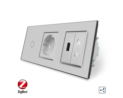 Умный сенсорный проходной выключатель 1 сенсор 1 розетка 1 USB 1 розетка универсальная серый стекло Livolo (VL-C701SZC1EU1USBC1A-15)