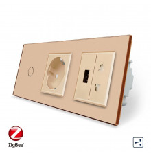 Умный сенсорный проходной выключатель 1 сенсор 1 розетка 1 USB 1 розетка универсальная золотой стекло Livolo (VL-C701SZC1EU1USBC1A-13)