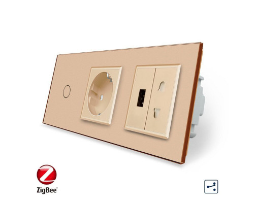 Умный сенсорный проходной выключатель 1 сенсор 1 розетка 1 USB 1 розетка универсальная золотой стекло Livolo (VL-C701SZC1EU1USBC1A-13)