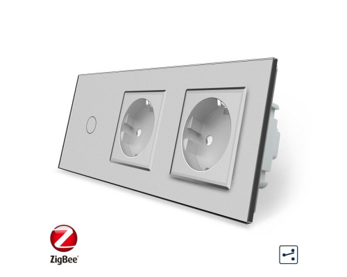 Умный сенсорный проходной выключатель 1 сенсор 2 розетки серый стекло Livolo (VL-C701SZ/C7C2EU-15)