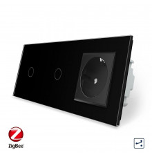 Умный сенсорный проходной выключатель 2 сенсора (1-1) 1 розетка черный стекло Livolo (VL-C701SZ/C701SZ/C7C1EU-12)