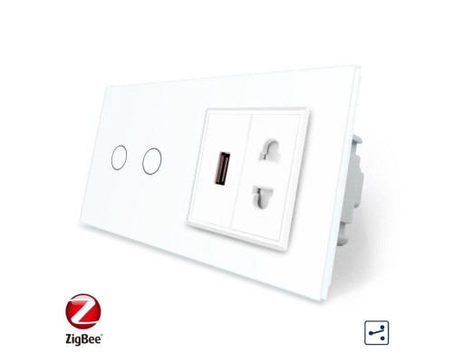 Умный сенсорный проходной выключатель 2 сенсора 1 розетка 1 USB белый стекло Livolo (VL-C702SZ/C7USBC1A-11)