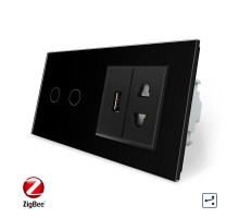 Умный сенсорный проходной выключатель 2 сенсора 1 розетка 1 USB черный стекло Livolo (VL-C702SZ/C7USBC1A-12)