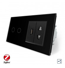 Умный сенсорный проходной выключатель 2 сенсора 1 розетка 1 USB черный стекло Livolo (VL-C702SZ/C7USBC1A-12)