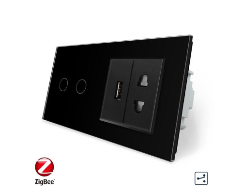 Умный сенсорный проходной выключатель 2 сенсора 1 розетка 1 USB черный стекло Livolo (VL-C702SZ/C7USBC1A-12)