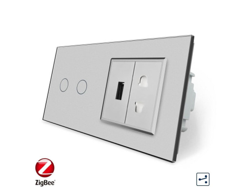 Умный сенсорный проходной выключатель 2 сенсора 1 розетка 1 USB серый стекло Livolo (VL-C702SZ/C7USBC1A-15)