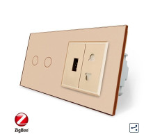 Умный сенсорный проходной выключатель 2 сенсора 1 розетка 1 USB золотой стекло Livolo (VL-C702SZ/C7USBC1A-13)