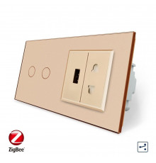 Умный сенсорный проходной выключатель 2 сенсора 1 розетка 1 USB золотой стекло Livolo (VL-C702SZ/C7USBC1A-13)