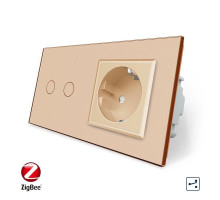 Умный сенсорный проходной выключатель 2 сенсора 1 розетка золотой стекло Livolo (VL-C702SZ/C7C1EU-13)