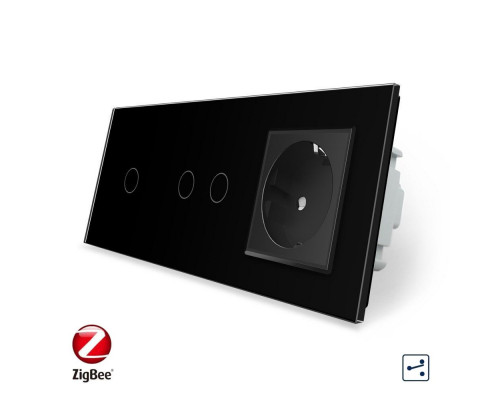 Умный сенсорный проходной выключатель 3 сенсора (1-2) 1 розетка черный стекло Livolo (VL-C701SZ/C702SZ/C7C1EU-12)