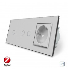 Умный сенсорный проходной выключатель 3 сенсора (1-2) 1 розетка серый стекло Livolo (VL-C701SZ/C702SZ/C7C1EU-15)