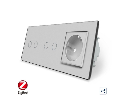 Умный сенсорный проходной выключатель 4 сенсора (2-2) 1 розетка серый стекло Livolo (VL-C702SZ/C702SZ/C7C1EU-15)