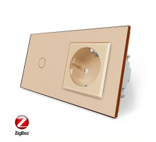 Умный сенсорный ZigBee выключатель 1 сенсор 1 розетка золото стекло Livolo (VL-C701Z/C7C1EU-13)