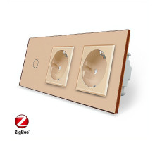 Умный сенсорный ZigBee выключатель 1 сенсор 2 розетки золото стекло Livolo (VL-C701Z/C7C2EU-13)