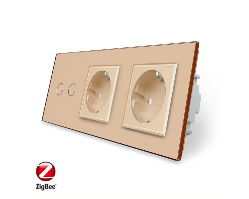 Умный сенсорный ZigBee выключатель 2 сенсора 2 розетки золото стекло Livolo (VL-C702Z/C7C2EU-13)