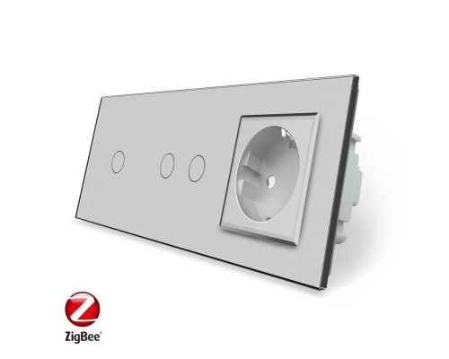 Умный сенсорный ZigBee выключатель 3 сенсора (1-2) 1 розетка серый стекло Livolo (VL-C701Z/C702Z/C7C1EU-15)