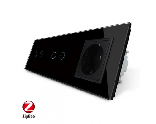 Умный сенсорный ZigBee выключатель 4 сенсора (2-2) 1 розетка черный стекло Livolo (VL-C702Z/C702Z/C7C1EU-12)