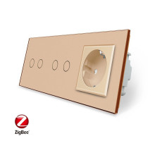 Умный сенсорный ZigBee выключатель 4 сенсора (2-2) 1 розетка золото стекло Livolo (VL-C702Z/C702Z/C7C1EU-13)